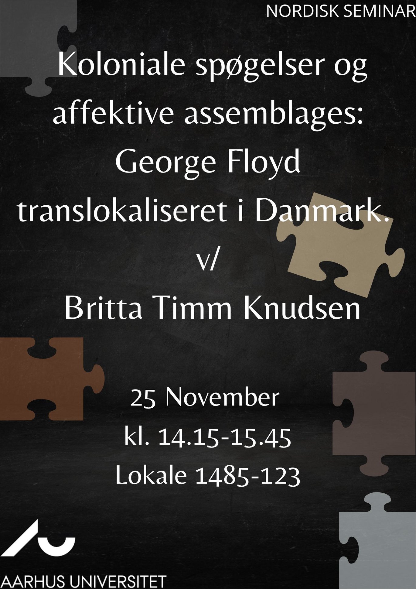 Plakat: Koloniale spøgelser og affektive assemblages: George Floyd translokaliseret i Danmark. v/ Britta Timm Knudsen. 25. november, kl. 14:15-15:45. Lokale 1485-123.